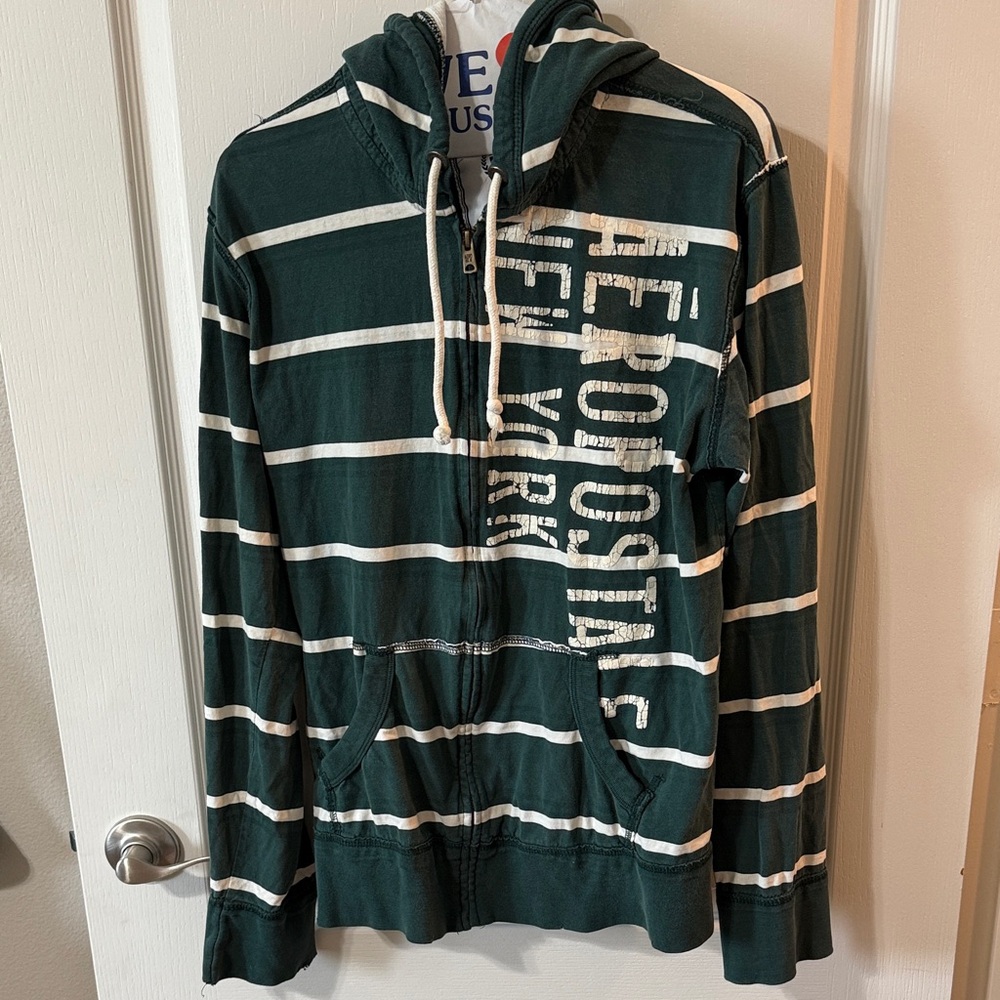 Aeropostale Dark Green and White Striped Zip-Up Sweater
